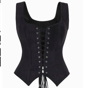 Faux Suede Bustier - Black lace up sleeveless top - Boho Western - Medium